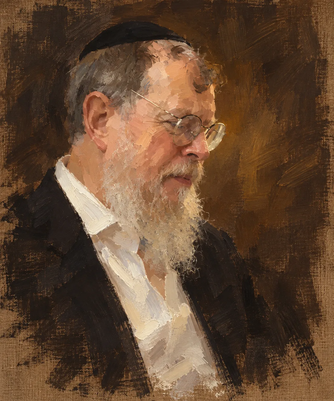 Painterly portrait of a bearded man in a black jacket and yarmulke, head bowed, on a warm umber ground