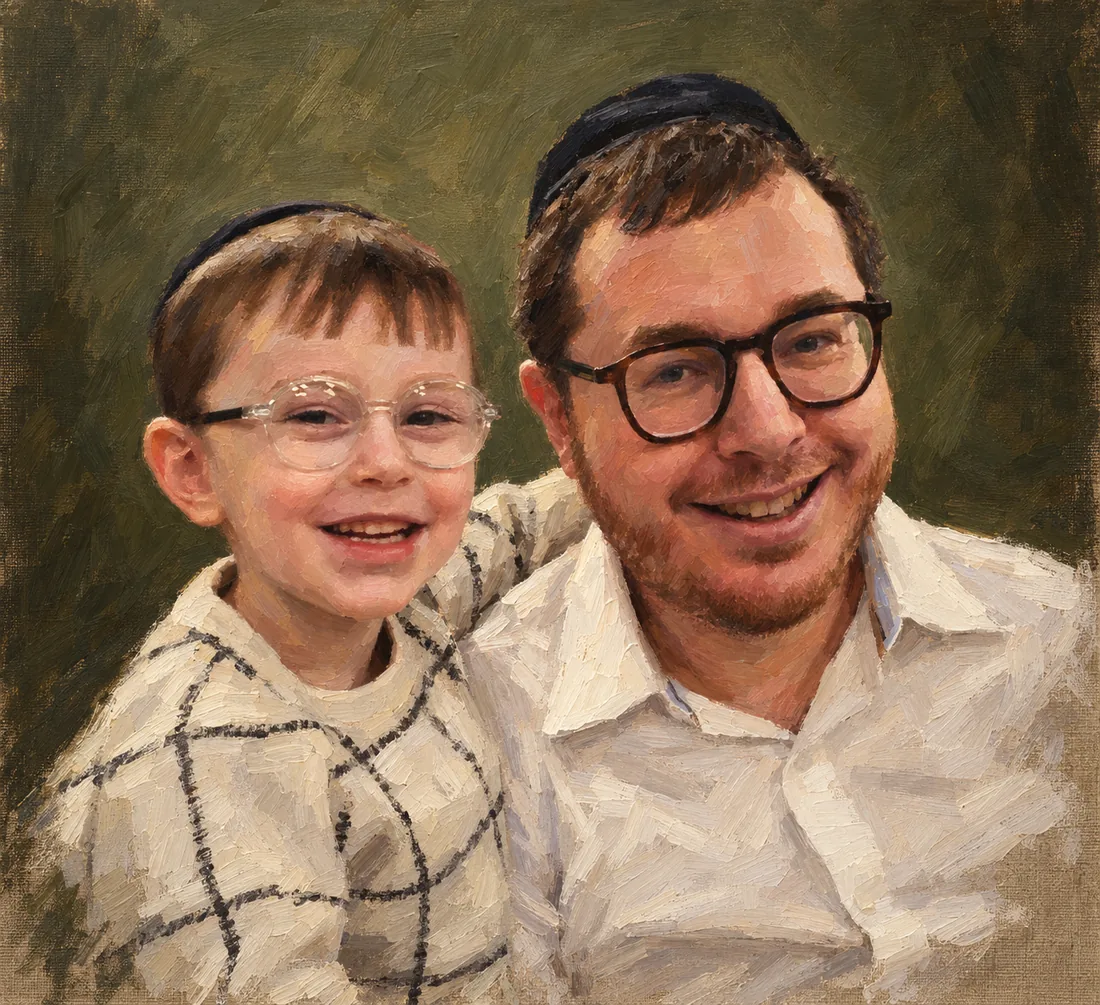 Painterly portrait of a smiling uncle and young nephew