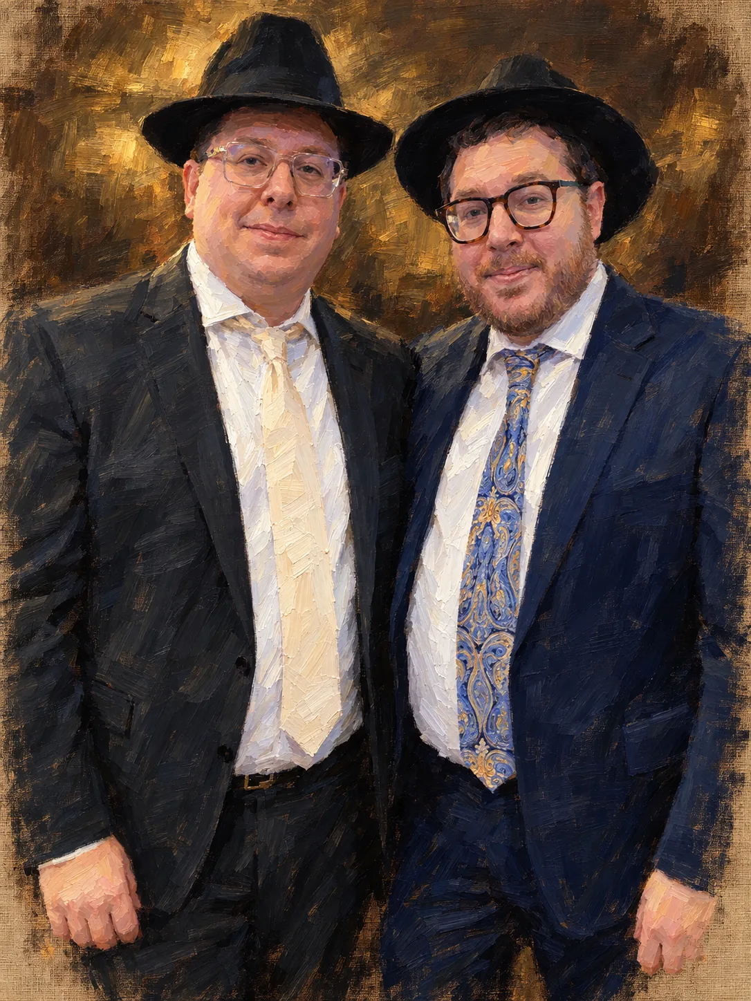 Painterly portrait of two brothers in hats and suits