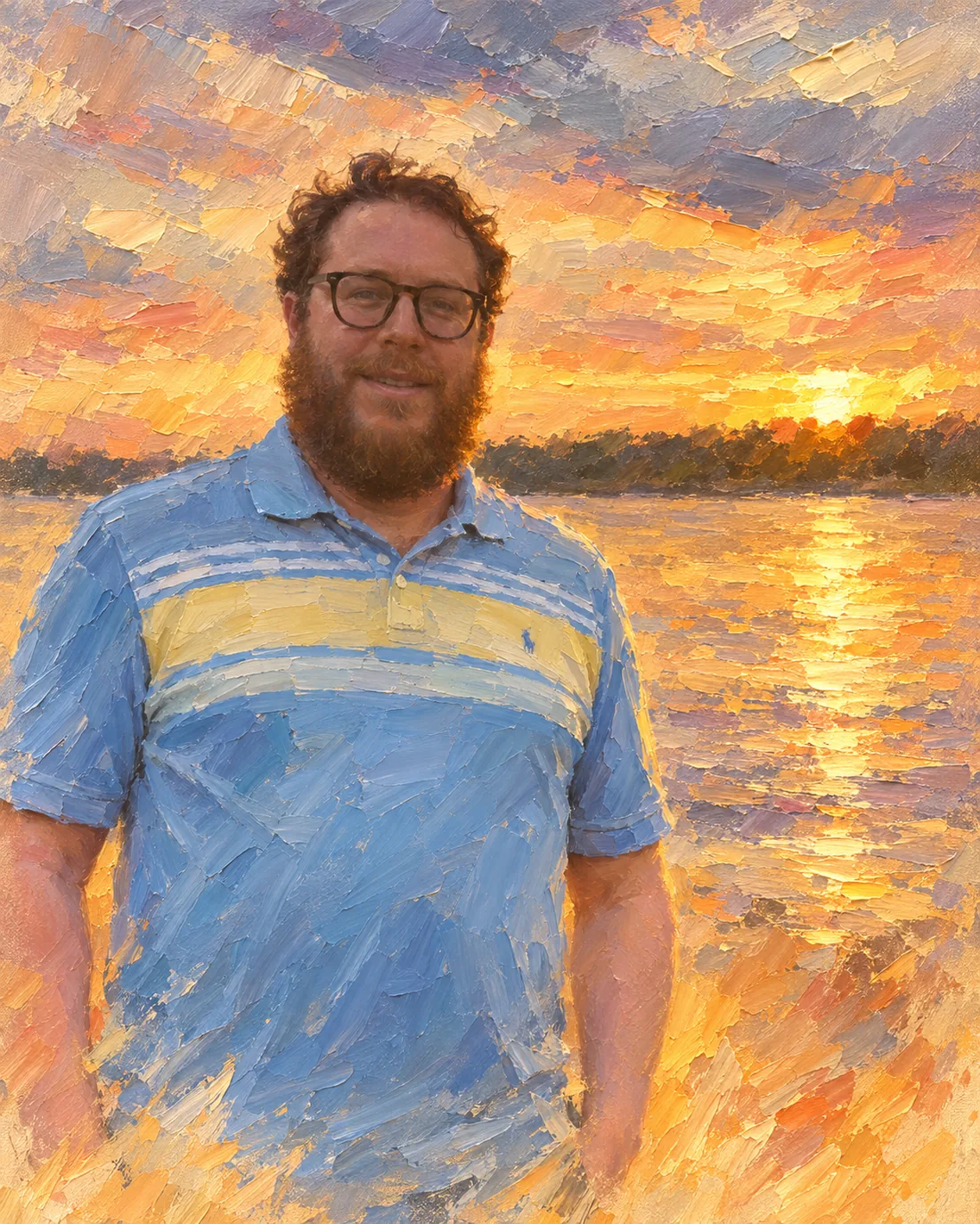 Palette-knife painting of a man by a lake at sunset